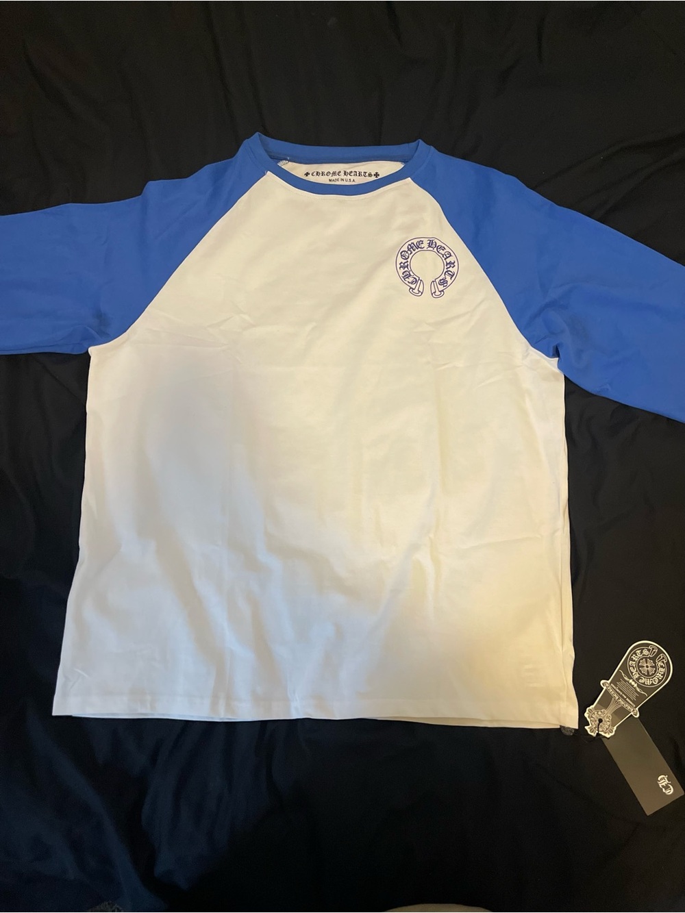Chrome Hearts White and Blue Raglan Kids Long Sleeve Tee